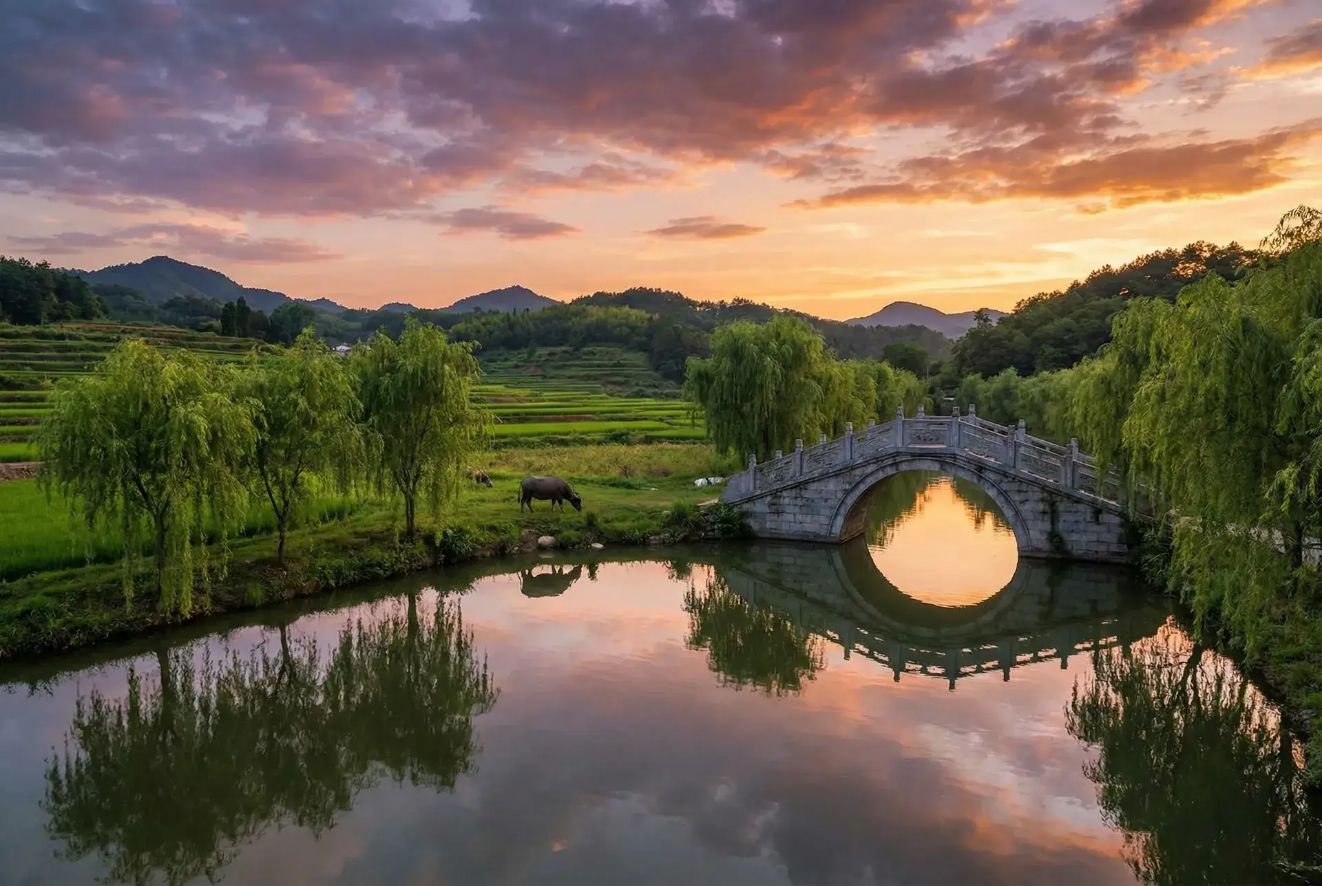 夕阳下的石拱桥与垂柳，水牛在河边吃草 - 怪盗参上之三 乡村美景
